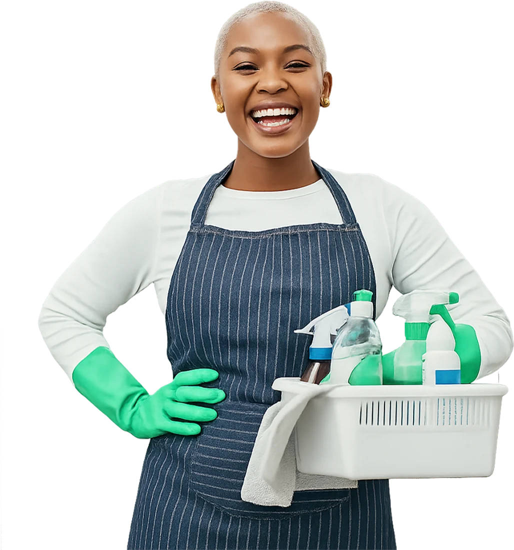 Smiling woman holding a basket of Ohemaa cleaning products